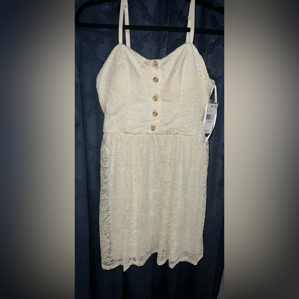 White lace dress. Length is mini. Purchased from Macy’s.